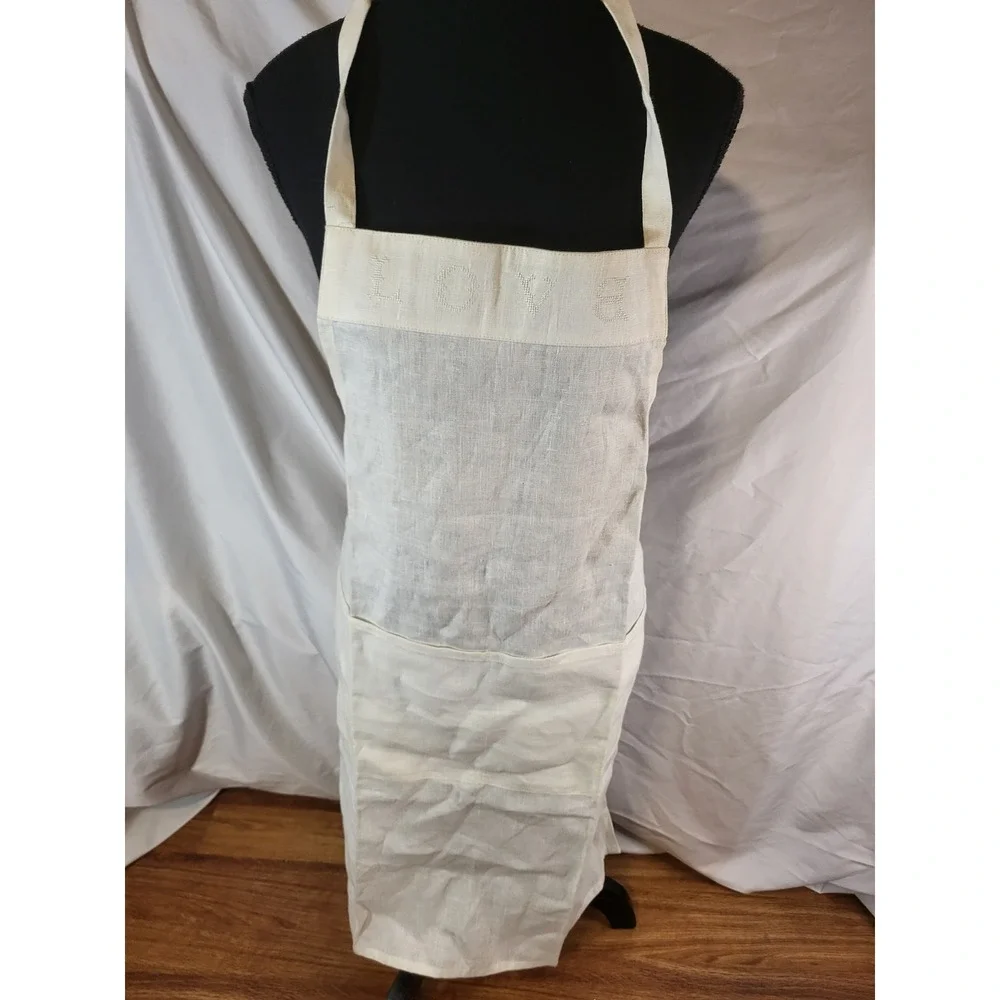 Williams Sonoma 100% linen Ivory apron with pocket cottagecore prairie Embroider